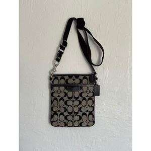 Coach Signature C Jacquard Crossbody Bag Black Gray Canvas Leather Trim Slim